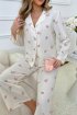 Çiçek Baskılı Kışlık Uzun Pijama Takımı Ekru