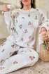 Çiçek Desenli Fitilli Pamuklu Uzun Pijama Takımı Ekru