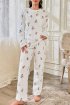 Çiçek Desenli Fitilli Pamuklu Uzun Pijama Takımı Ekru