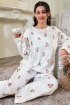 Çiçek Desenli Fitilli Pamuklu Uzun Pijama Takımı Ekru