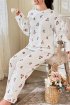 Çiçek Desenli Fitilli Pamuklu Uzun Pijama Takımı Ekru