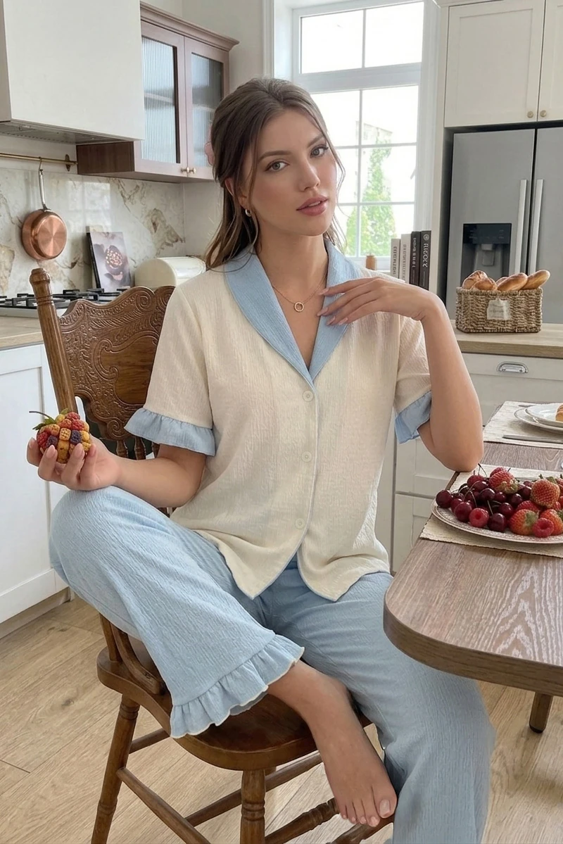 Fırfır Detaylı Düğmeli Kontrast Yaka Pijama Takımı Mavi
