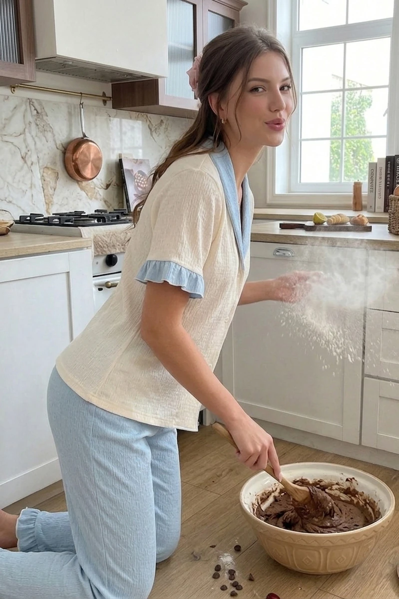 Fırfır Detaylı Düğmeli Kontrast Yaka Pijama Takımı Mavi