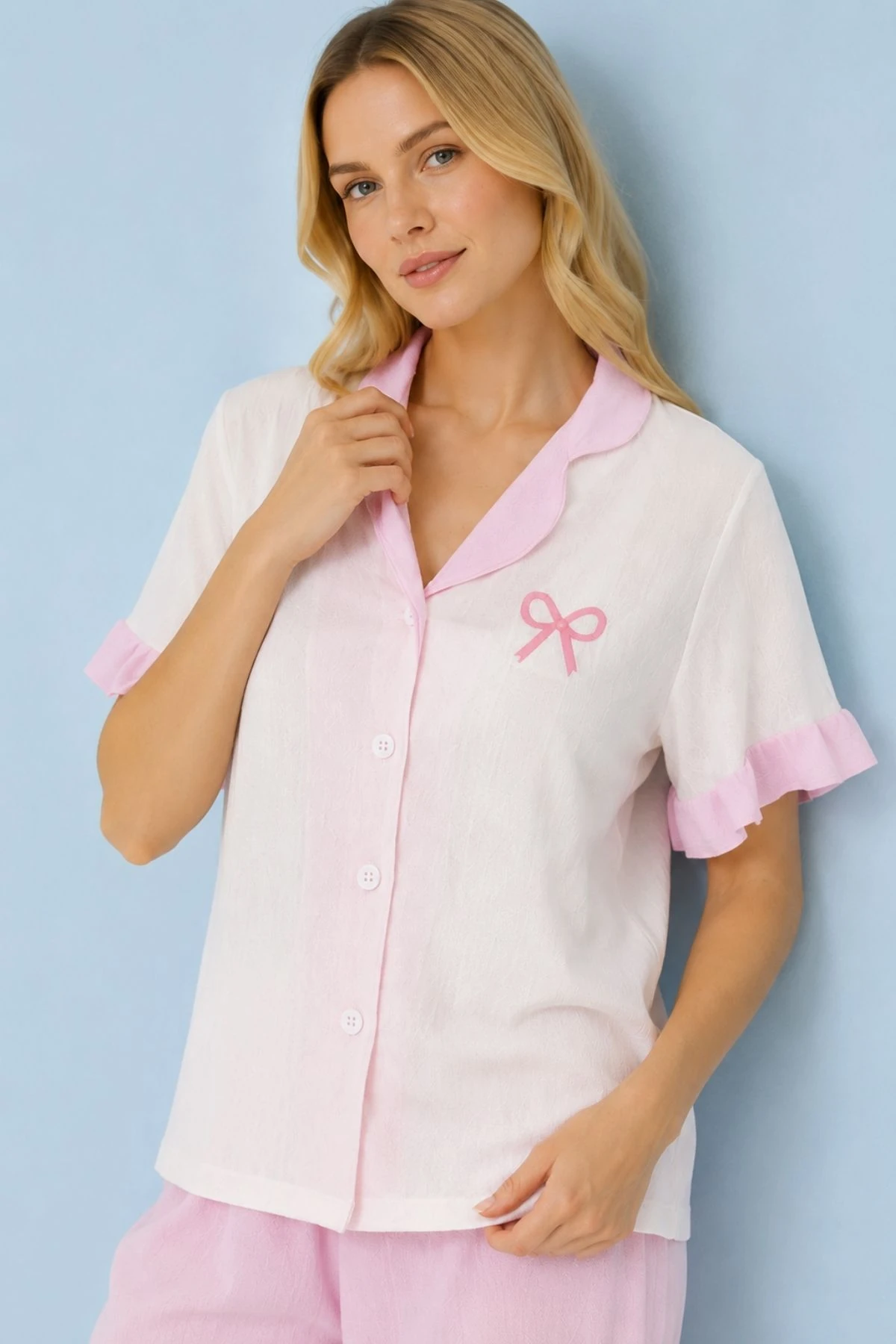 Fırfır Detaylı Kısa Kollu Düğmeli Pijama Takımı Pembe