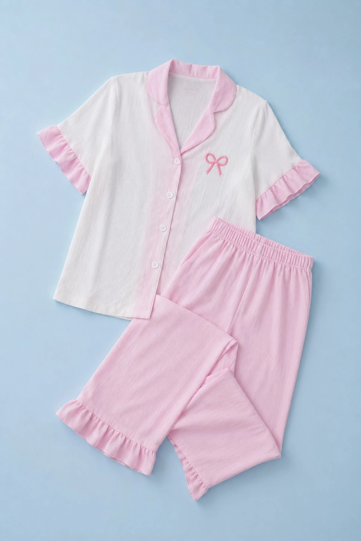 Fırfır Detaylı Kısa Kollu Düğmeli Pijama Takımı Pembe