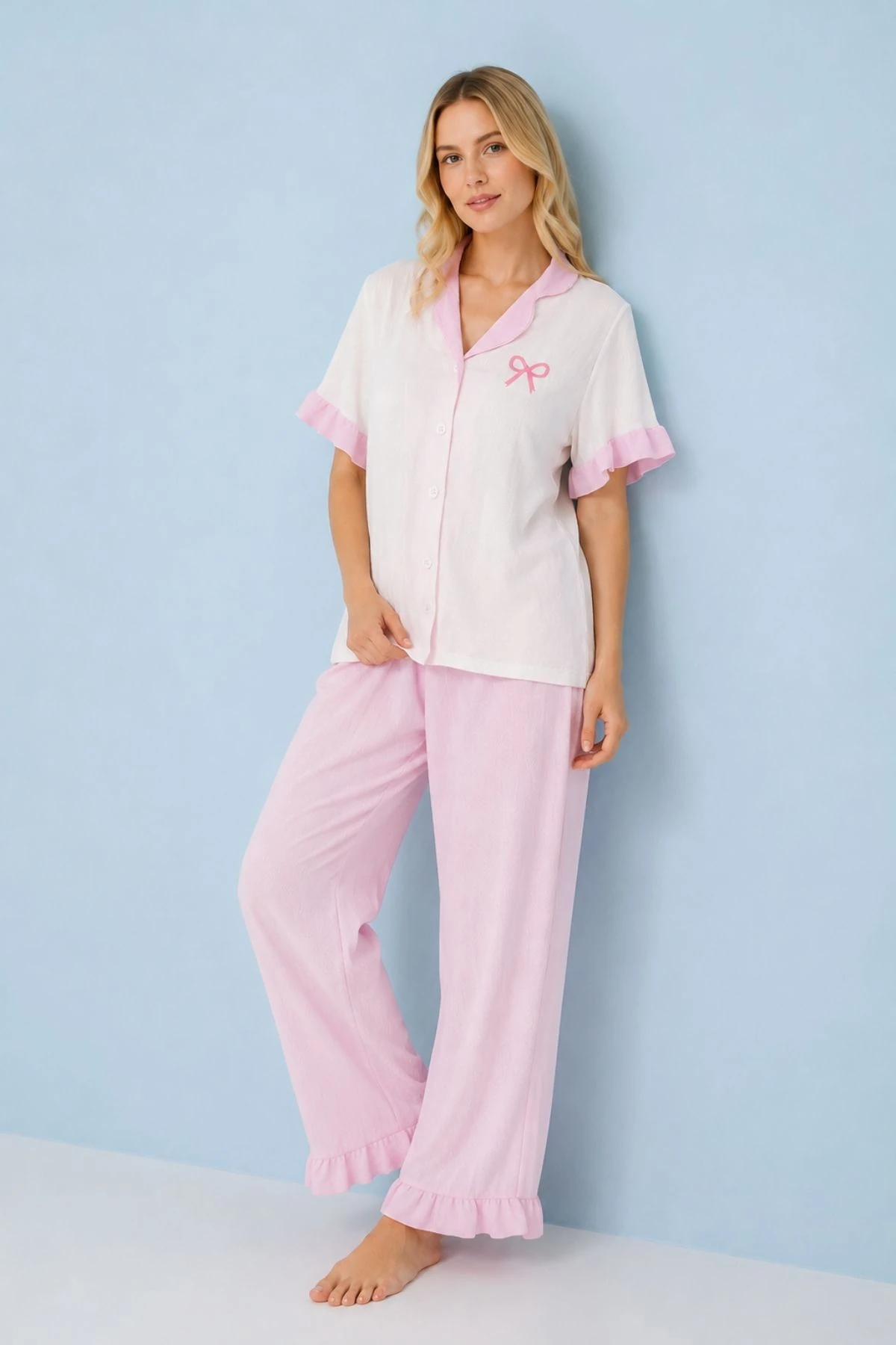 Fırfır Detaylı Kısa Kollu Düğmeli Pijama Takımı Pembe