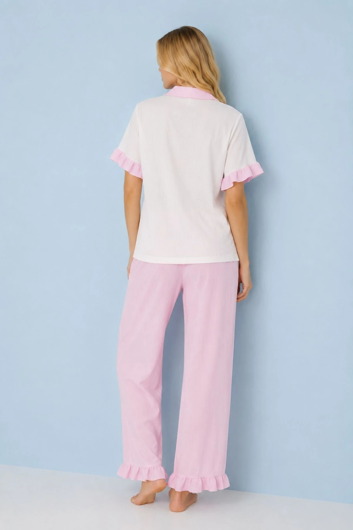Fırfır Detaylı Kısa Kollu Düğmeli Pijama Takımı Pembe