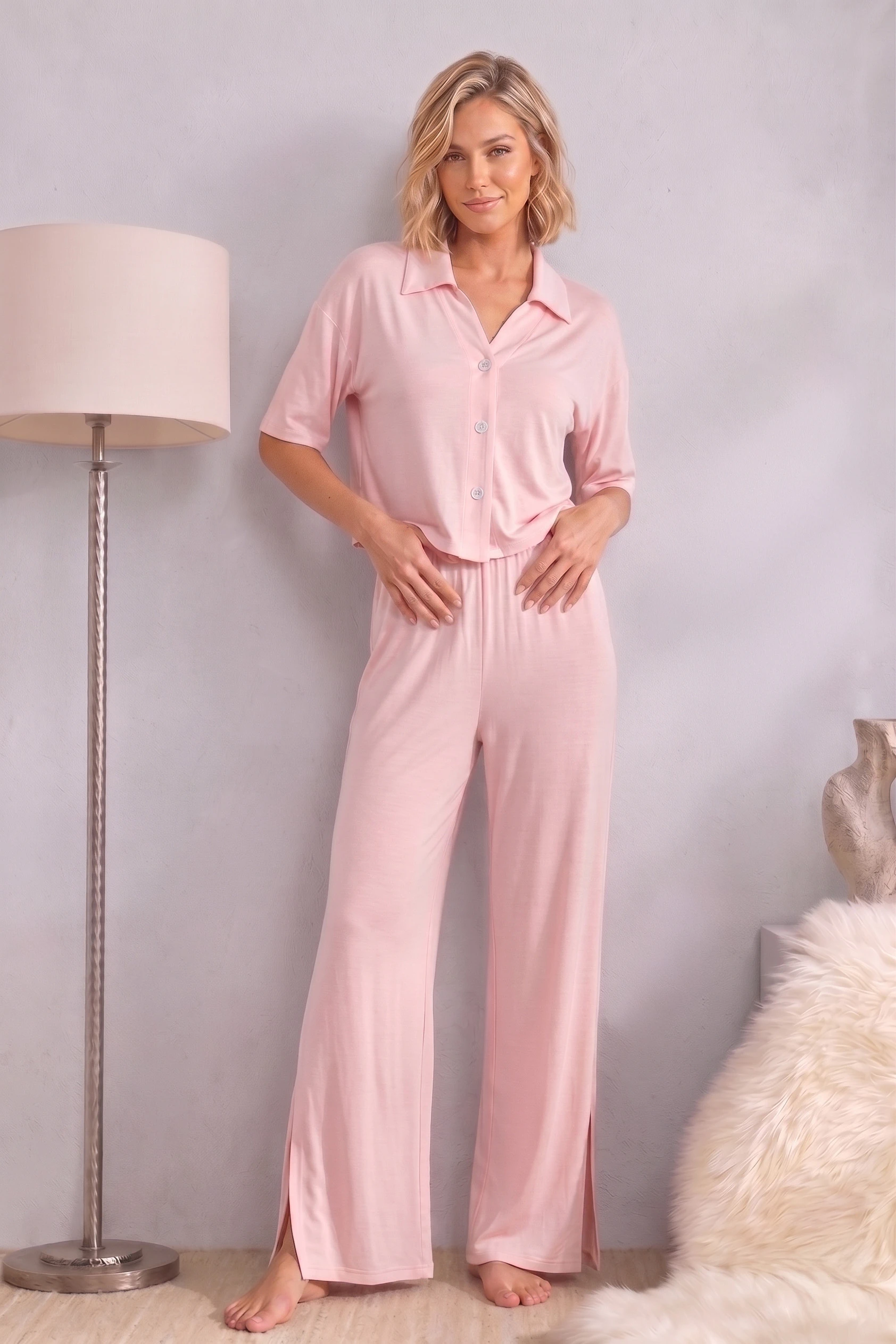 Kısa Kollu Düğmeli Pijama Takımı Pembe