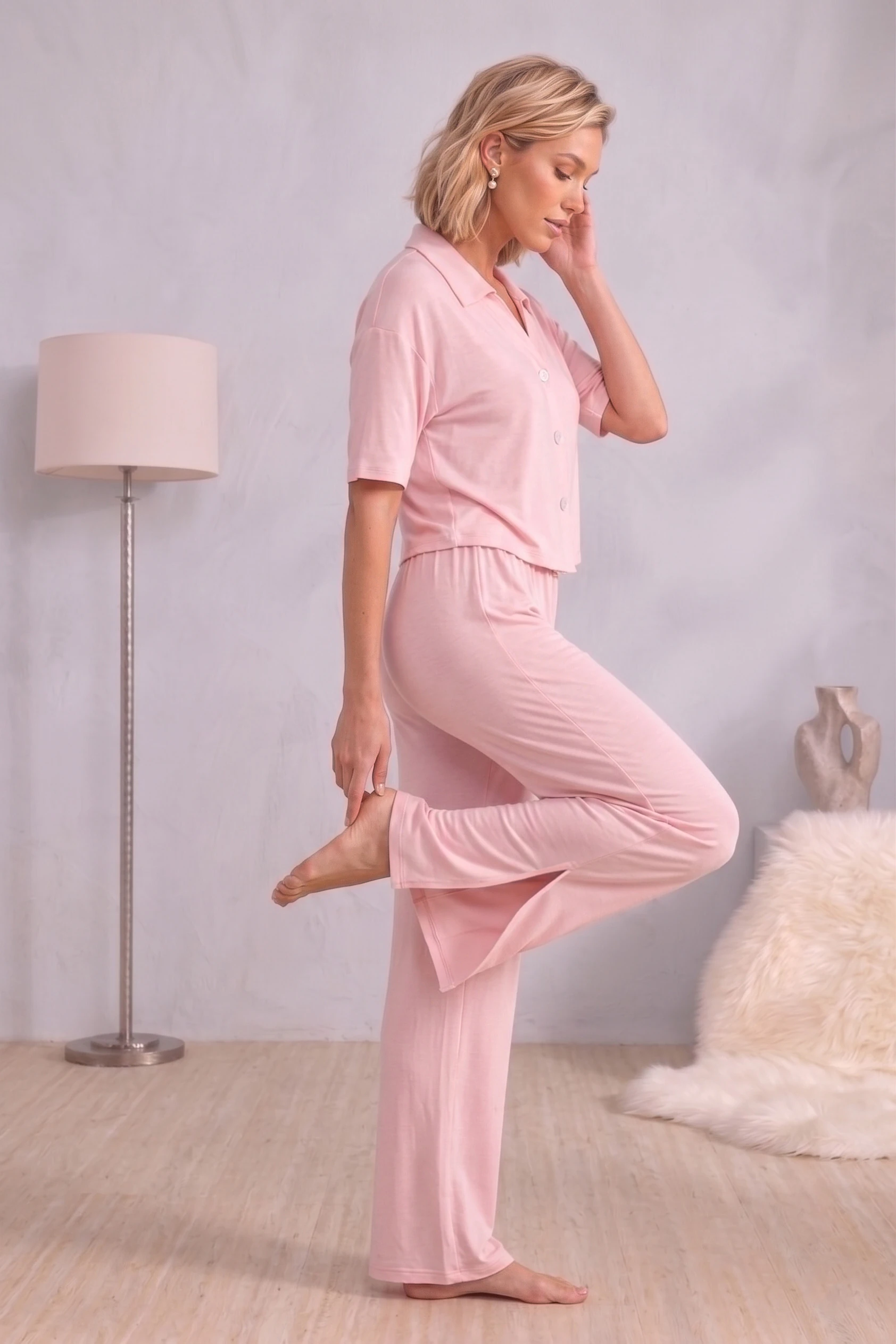Kısa Kollu Düğmeli Pijama Takımı Pembe