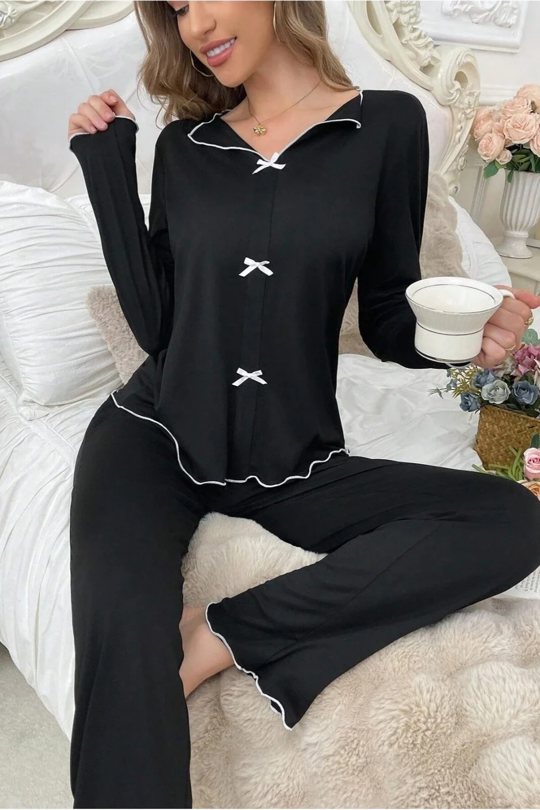 Mevsimlik Uzun Kollu Pijama Takımı Siyah