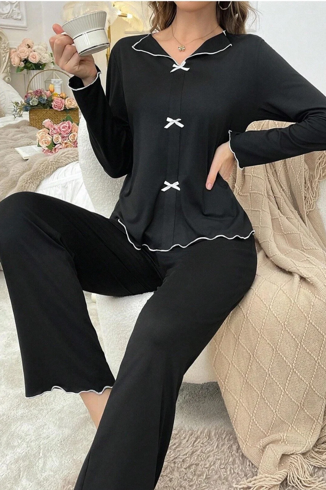 Mevsimlik Uzun Kollu Pijama Takımı Siyah