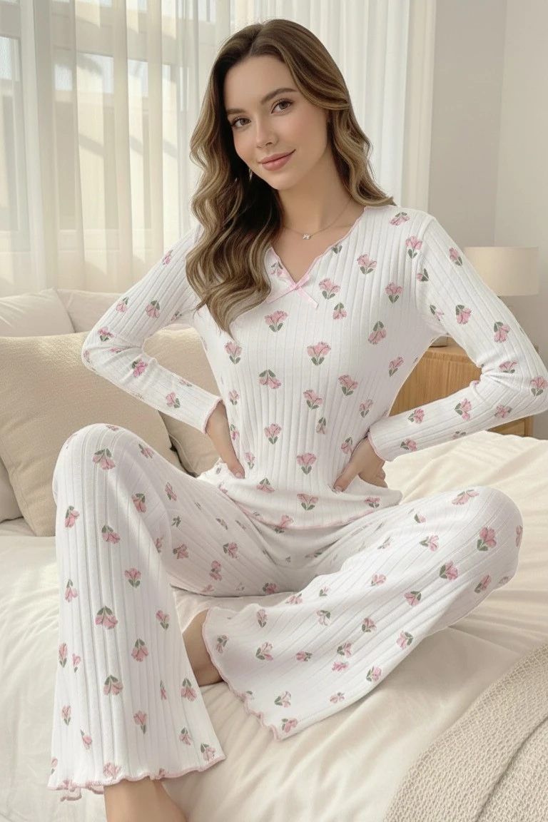 Minimal Lale Desenli V Yaka Pijama Takımı Ekru