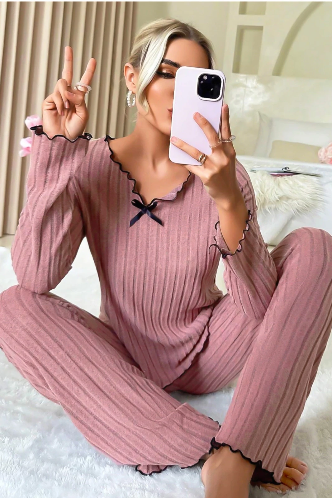 Pamuklu Fiyonk Detaylı Pijama Takımı Gül Kurusu