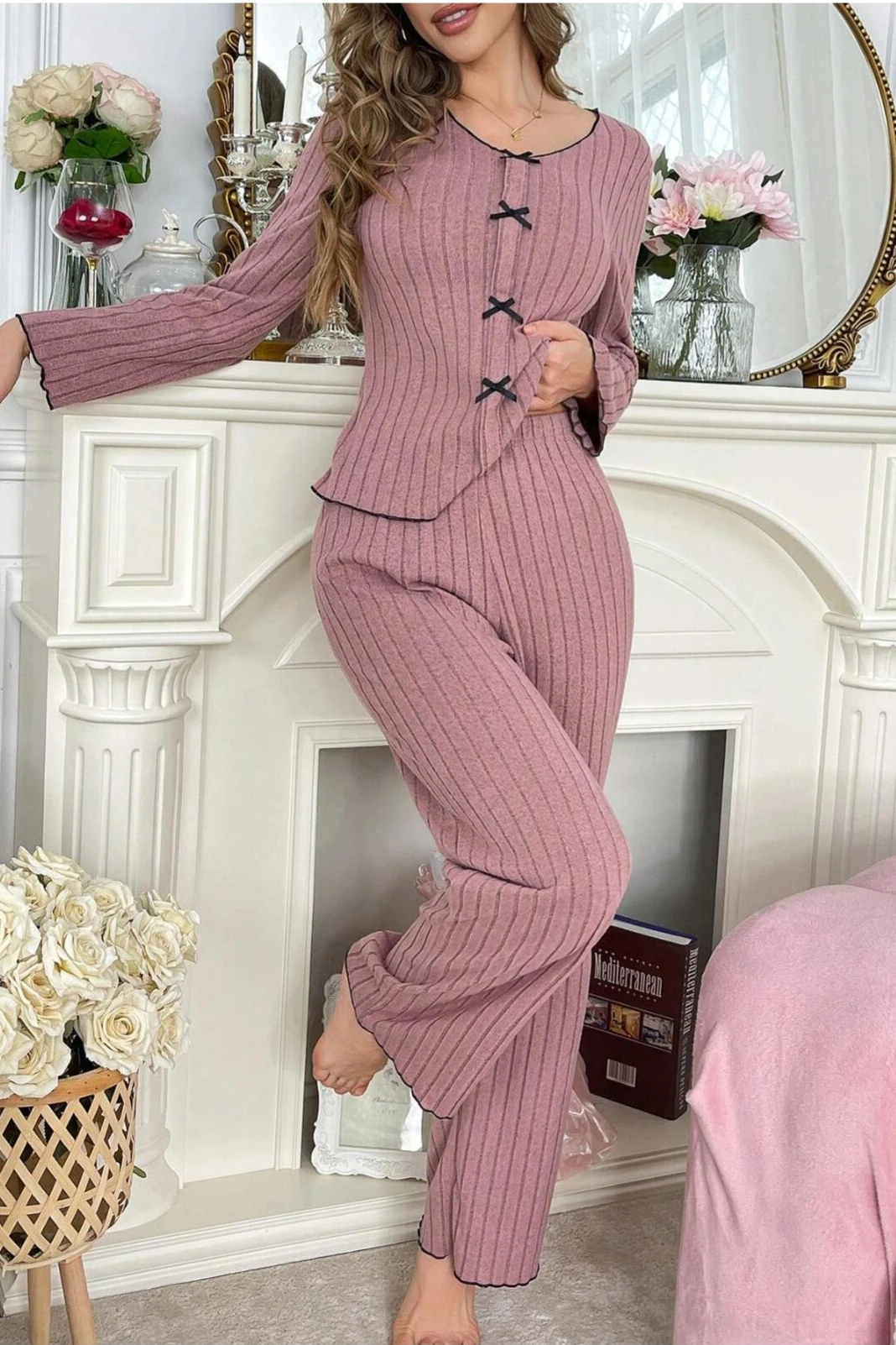 Pamuklu Fiyonk Detaylı Uzun Kollu Pijama Takımı Gül Kurusu