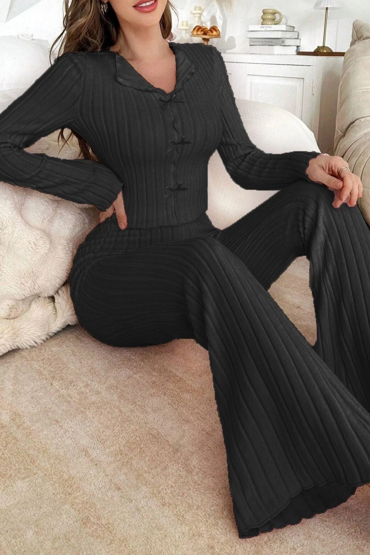 Pamuklu Fiyonk Detaylı Uzun Pijama Takımı Siyah