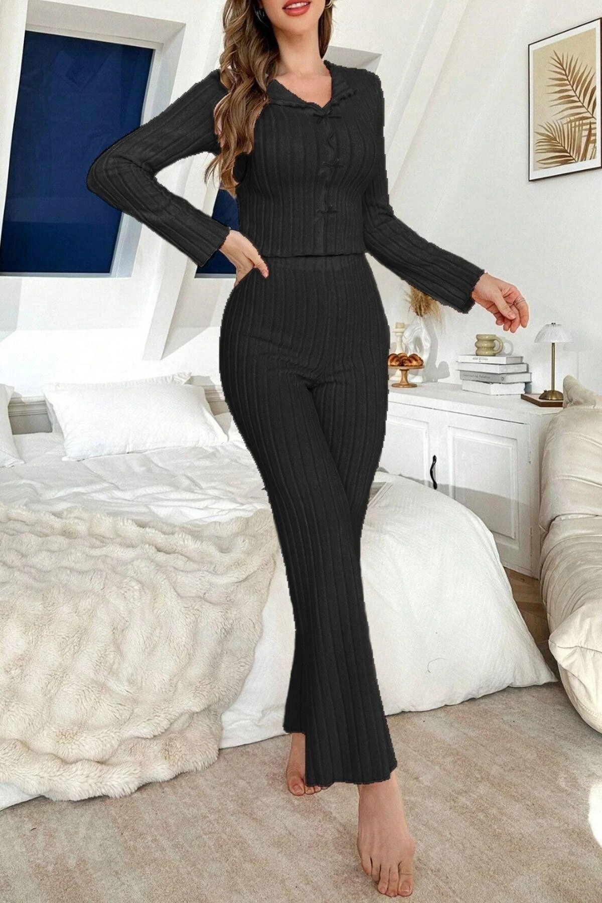Pamuklu Fiyonk Detaylı Uzun Pijama Takımı Siyah