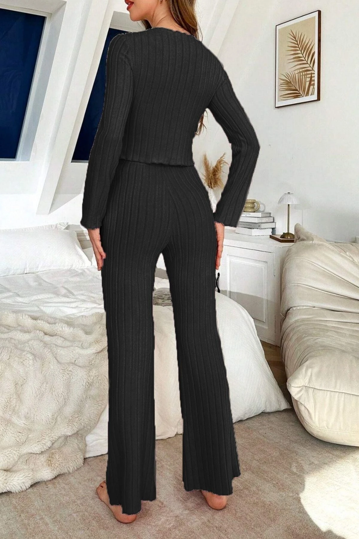 Pamuklu Fiyonk Detaylı Uzun Pijama Takımı Siyah