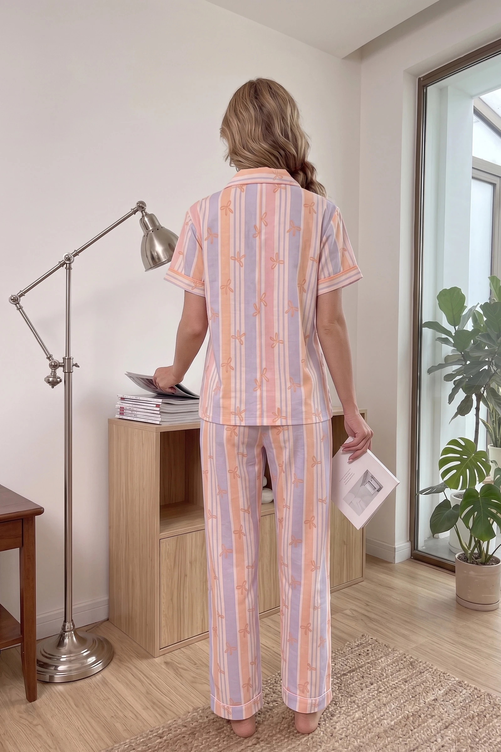 Pastel Çizgili Kısa Kollu Düğmeli Pijama Takımı Renkli