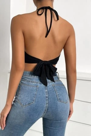 Püsküllü Crop Bluz Siyah