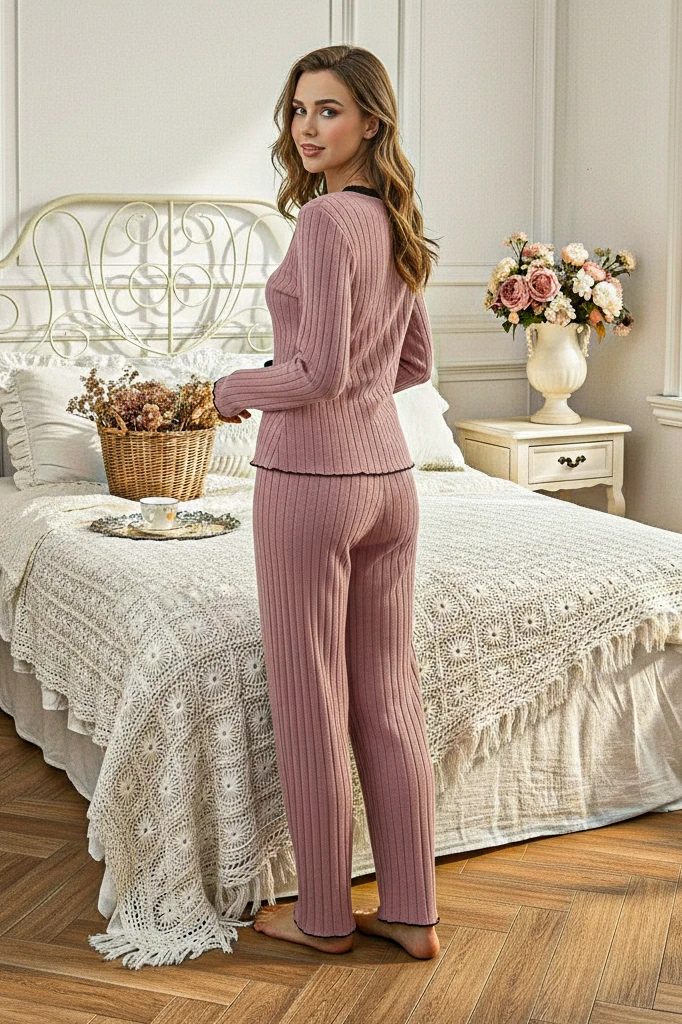 Uzun Kollu Şerit Detaylı Fit Pijama Takımı Gül Kurusu