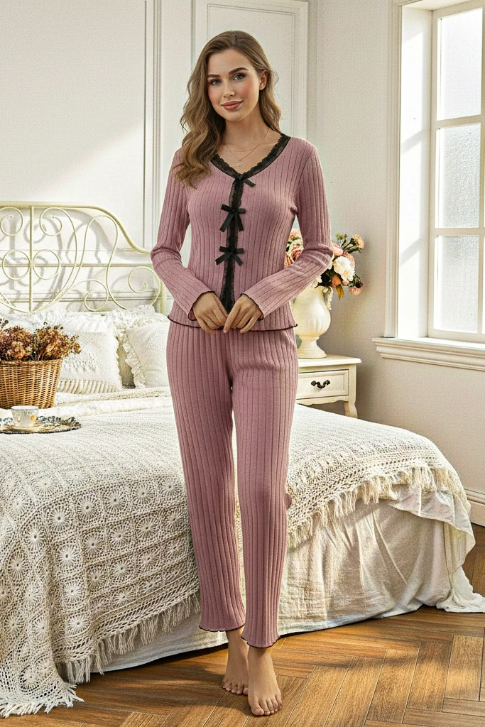 Uzun Kollu Şerit Detaylı Fit Pijama Takımı Gül Kurusu