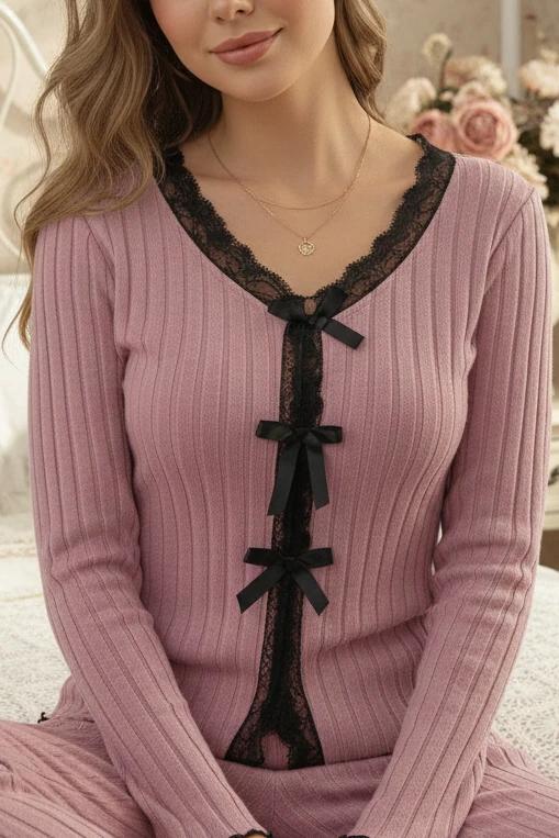 Uzun Kollu Şerit Detaylı Fit Pijama Takımı Gül Kurusu