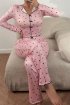 V Yaka Fiyonk Detaylı Uzun Pijama Takımı Pembe