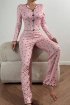 V Yaka Fiyonk Detaylı Uzun Pijama Takımı Pembe