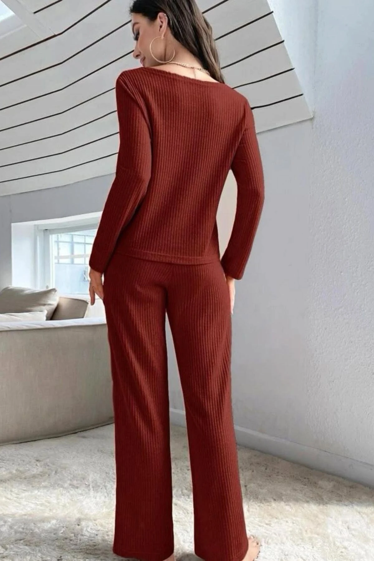 V Yaka Pamuklu Düğmeli Uzun Pijama Takımı Bordo